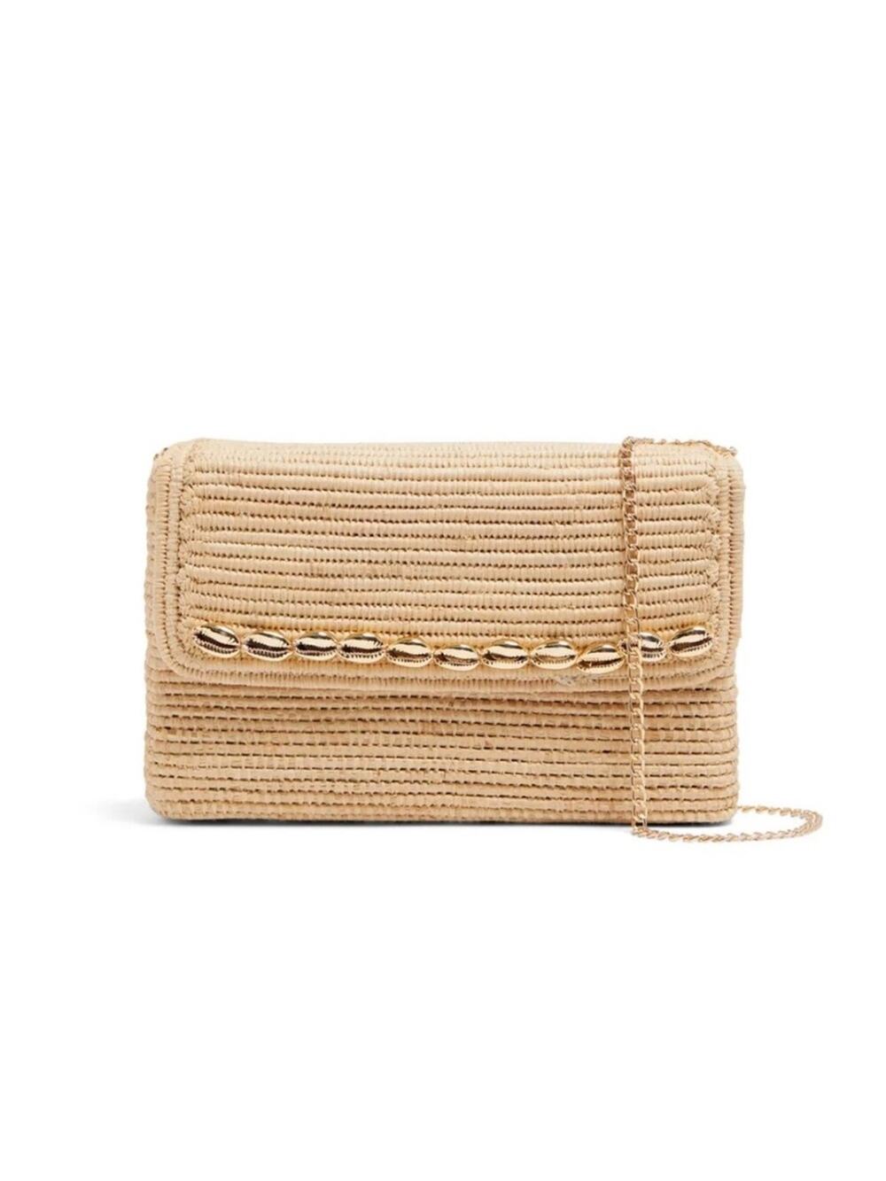 Poolside Gold Chain Women's Clutch Beige Seashell Raffia Crossbody